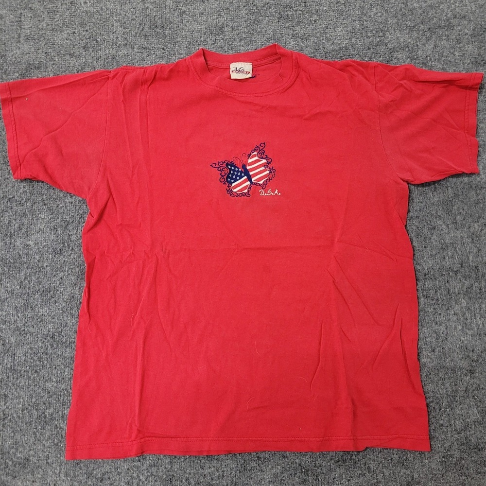 M.J. Soffe T-Shirt Womens Size L Red Butterfly USA Flag Graphic Short Sleeve Tee